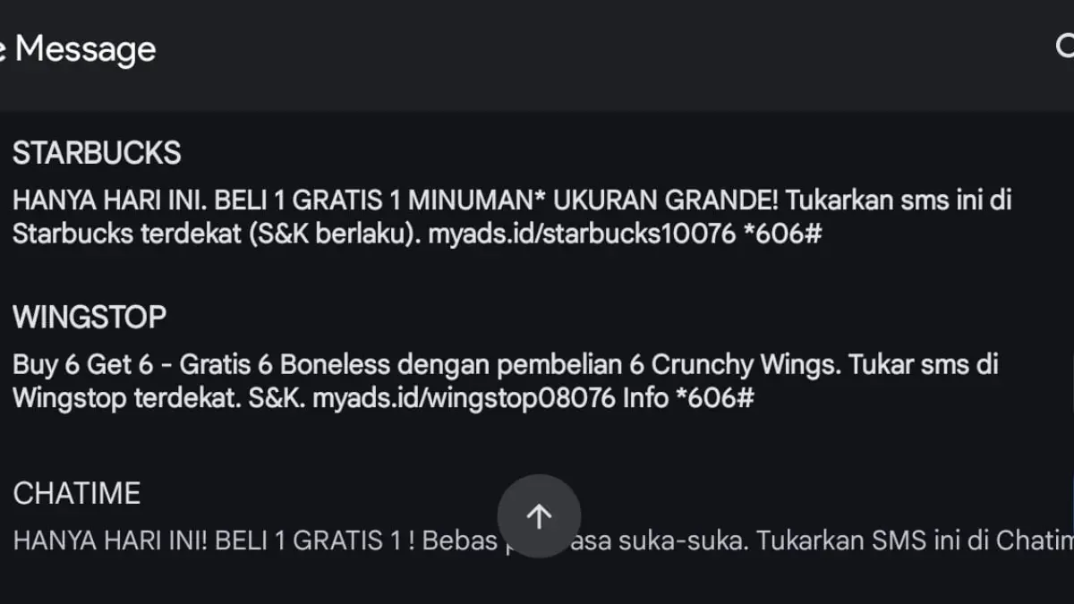 Tangkapan Layar SMS yang Memunculkan Promosi dari Berbagai Merchant. (Annas Rohmanda Purbaningrum)