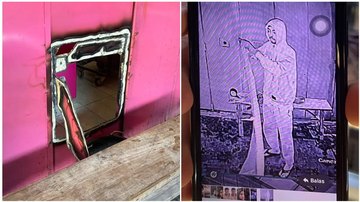 Pintu Toko Emas Mekar Jaya di Dukuh/Desa/Kecamatan Juwangi yang dilubangi pelaku. Foto kanan, wajah pelaku terekam CCTV. (DOK.POLSEK JUWANGI)
