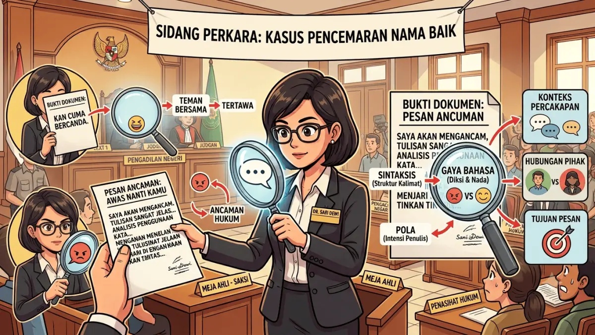Ilustrasi dalam Ruang Sidang ketika Ahli Bahasa Menganalisis Ketikan Tersangka. (AI Generated)