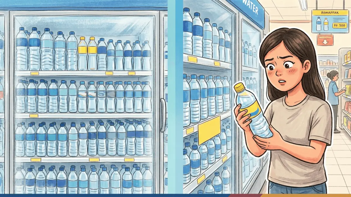 Ilustrasi Konsumen yang Mempertanyakan Adanya Air Mineral dengan Warna Tutup yang Berbeda. (AI Generated)