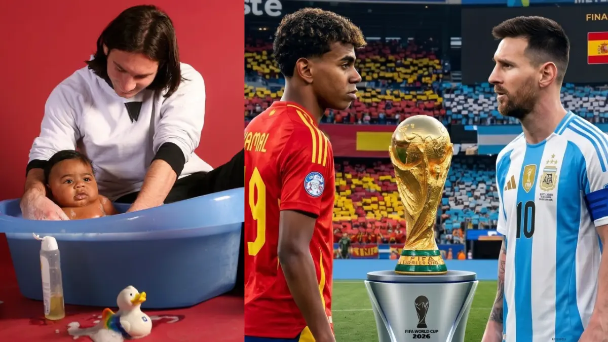 Momen Lionel Messi mandikan bayi Lamine Yamal dalam salah satu sesi pemotretan 19 tahun lalu. Kini keduanya akan berhadapan di partai final Piala Dunia 2026. (X)