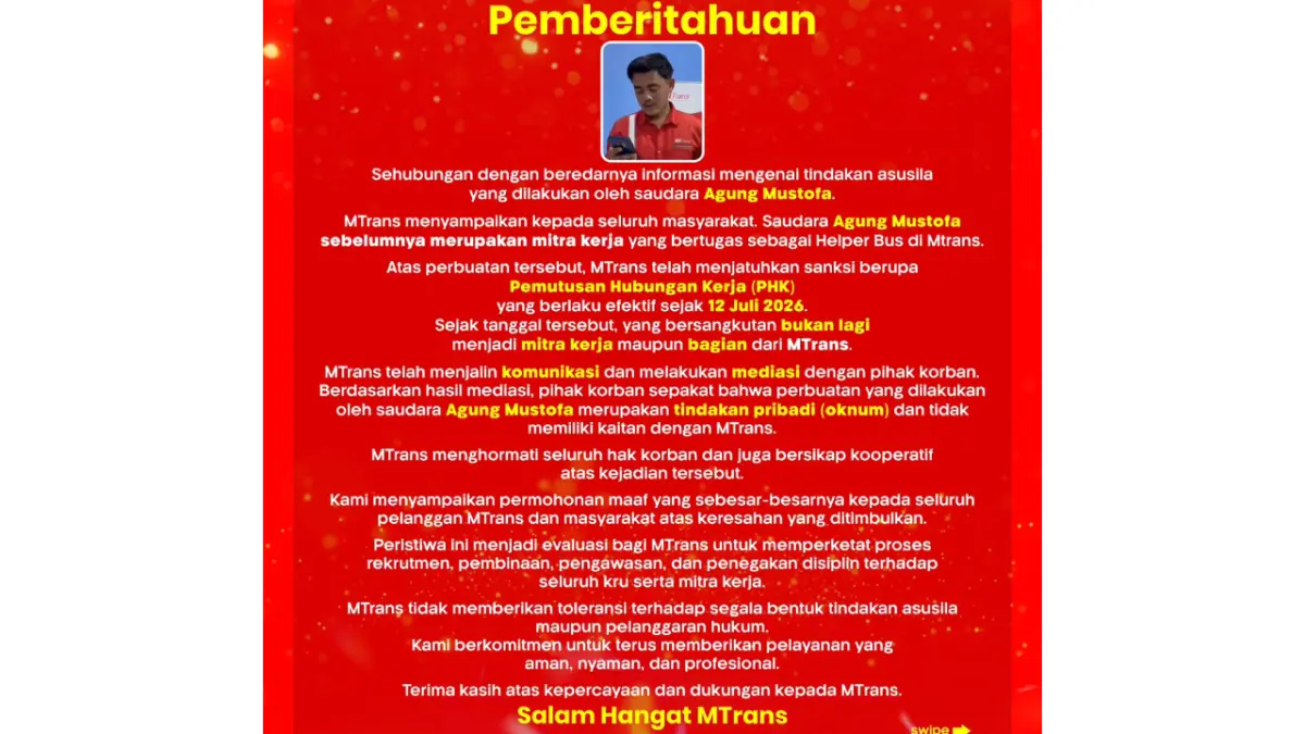 Pengumuman manajemen PO MTrans terkait pemecatan AM, mantan kernet pelaku pelecehan ke penumpang. 