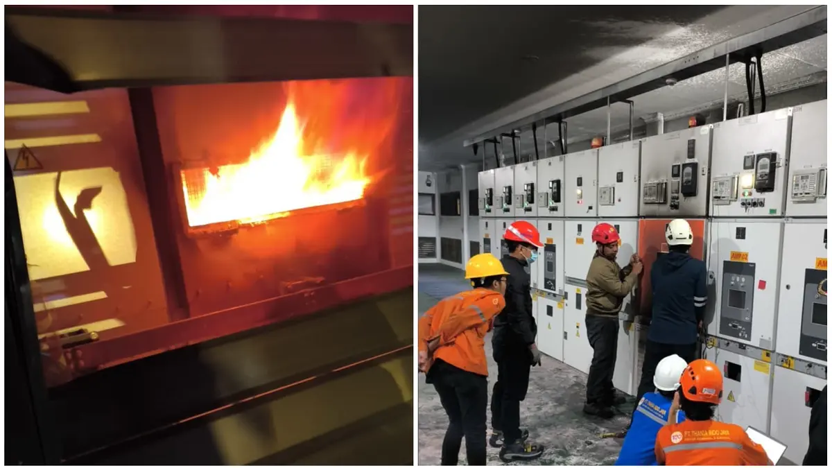 Api berkobar di Gardu Induk PLN Ampel, Kabupaten Boyolali, Jumat dini hari (17/7/2026). Foto kanan, petugas melakukan pengecekan. (DOK.DAMKAR BOYOLALI)