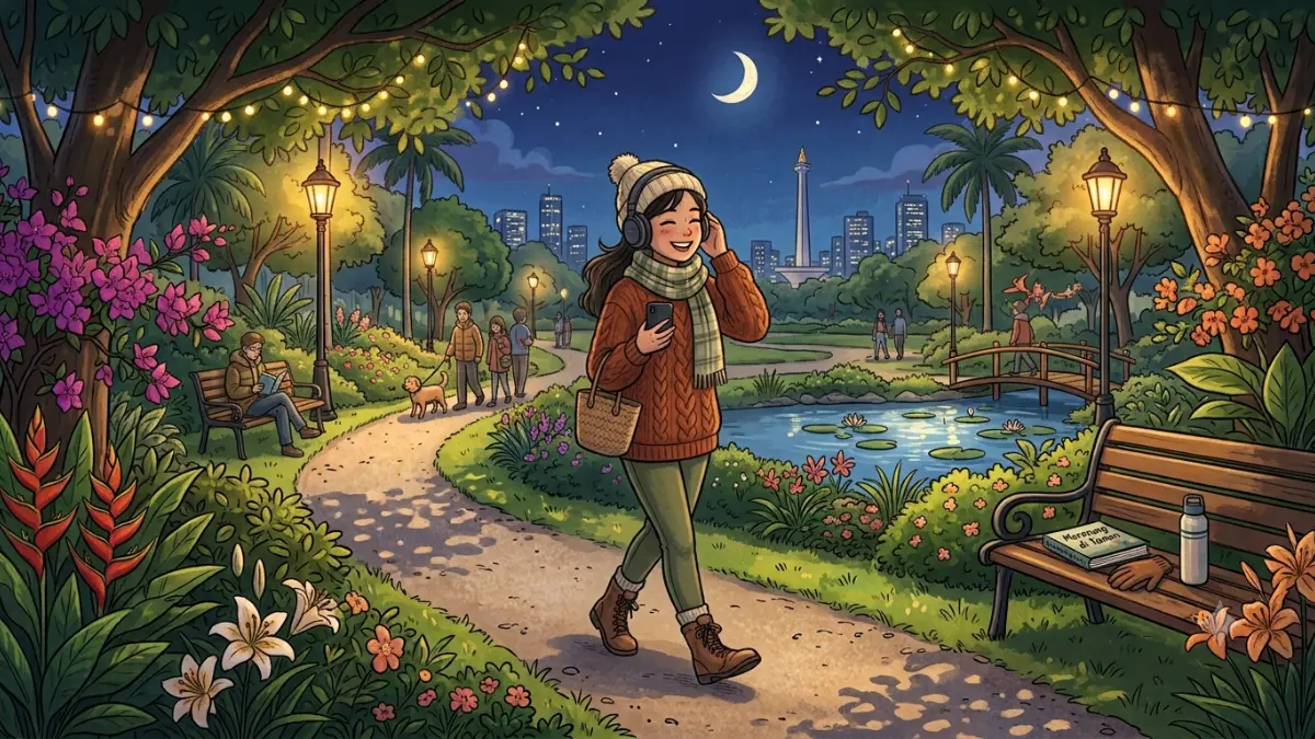 Ilustrasi Seorang Perempuang yang Sedang Me Time di Taman. (AI Generated)