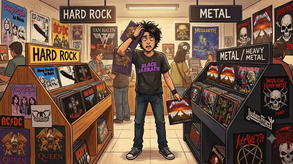 Ilustrasi Seseorang yang Kebingungan Memilih antara Hard Rock dan Metal. (AI Generated)