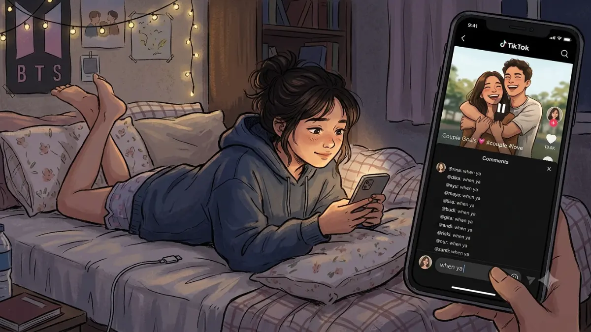 Ilustrasi Seorang Remaja sedang Menonton TikTok dan Berkomentar "When ya". (AI Generated)