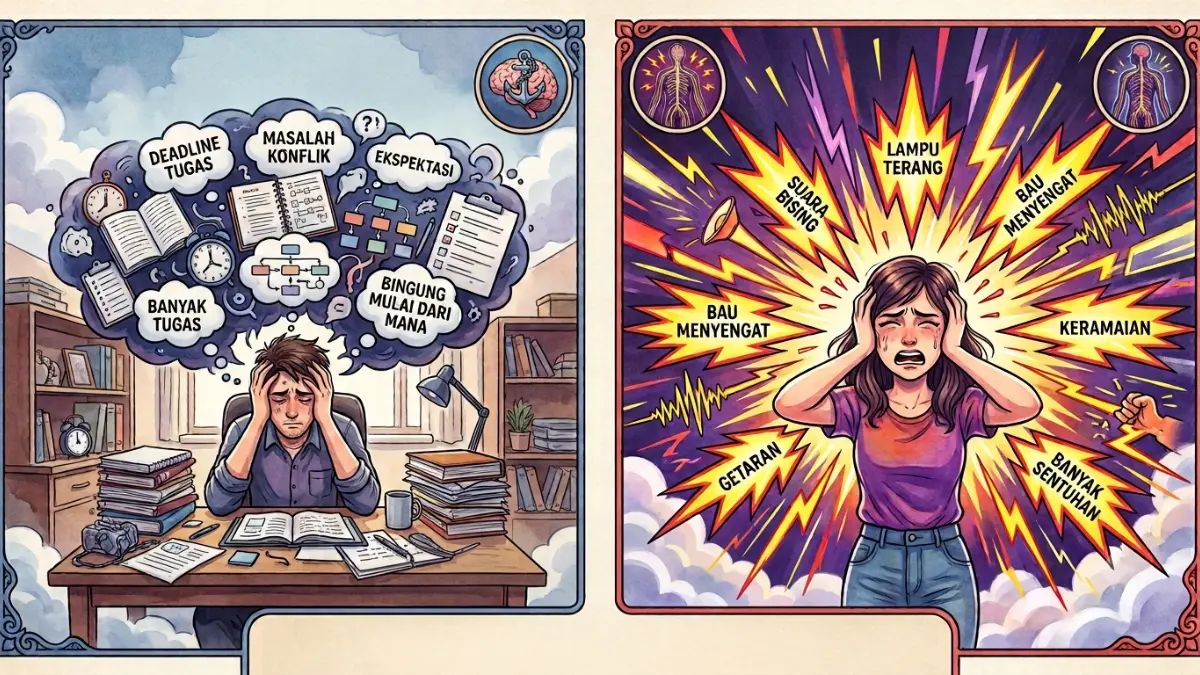 Ilustrasi Perbedaan Overwhelmed dan Overstimulated. (AI Generated)