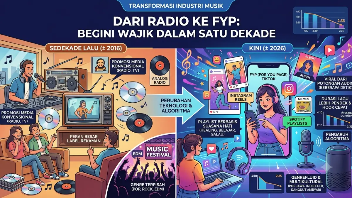 Ilustrasi Perubahan Tren Musik dalam Satu Dekade. (AI Generated)