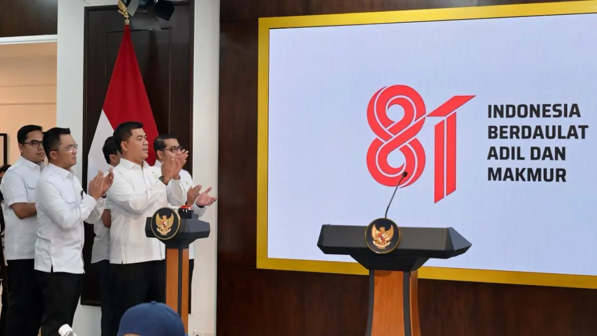Pemerintah secara resmi meluncurkan logo dan identitas visual peringatan Hari Ulang Tahun (HUT) ke-81 Kemerdekaan Republik Indonesia (RI) di Kompleks Istana Kepresidenan, Jakarta, pada Senin (29/6/2026). (Sumber: Kementerian Sekretariat Negara)