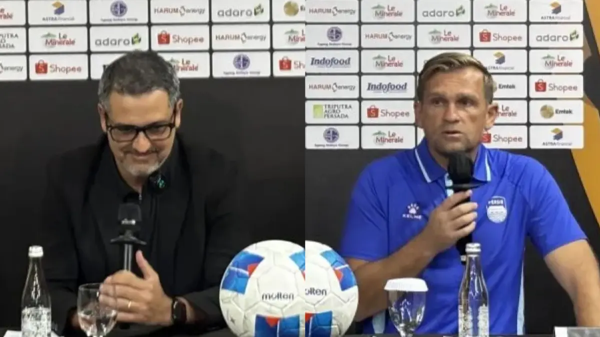Pelatih Arema FC Marcos Santos (kiri) dan Pelatih Persib Bandung Igor Tolic saat konferensi pers jelang laga pembuka Piala Presiden di Kota Bandung, Jawa Barat, Jumat (24/7/2026). (ANTARA/Rubby Jovan)