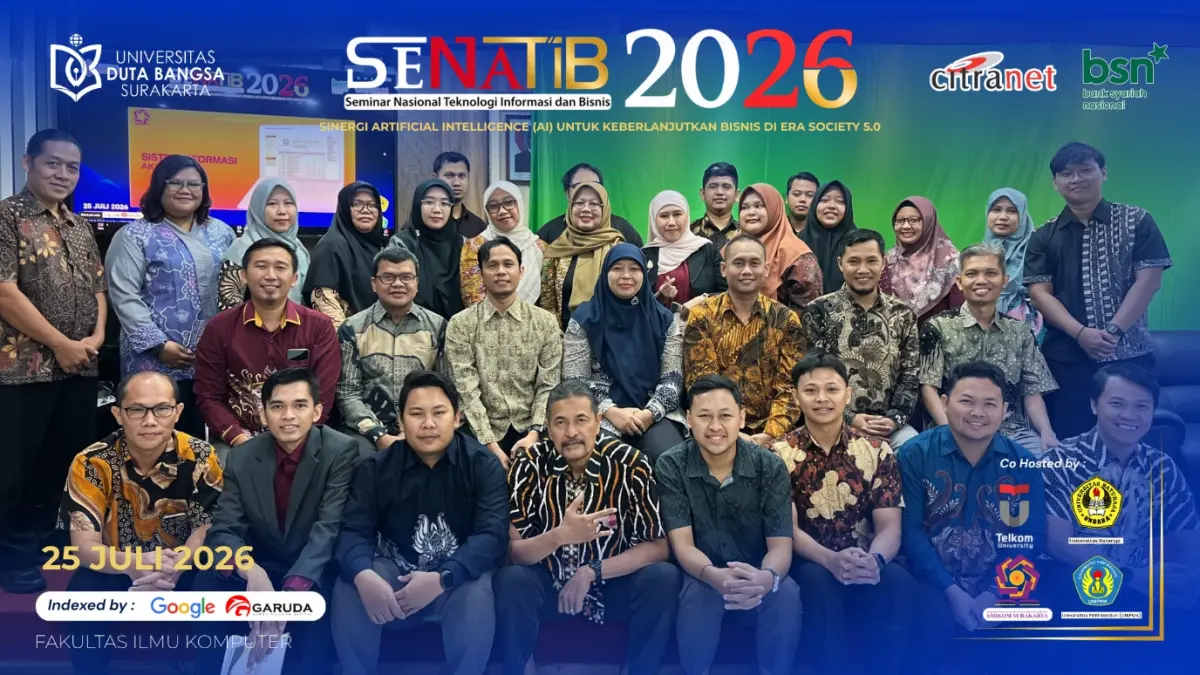 Universitas Duta Bangsa (UDB) Surakarta melalui Fakultas Ilmu Komputer kembali sukses menyelenggarakan Seminar Nasional Teknologi Informasi dan Bisnis (SENATIB) 2026. (DOK.UDB) 