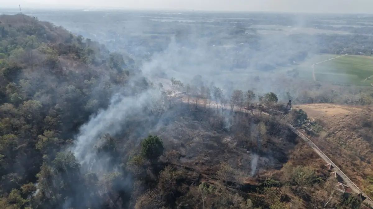 Kebakaran di Gunung Pegat, Desa Karangasem, Kecamatan Bulu, Sukoharjo difoto dari udara, Jumat (24/7). (DOK. BPBD SUKOHARJO) 