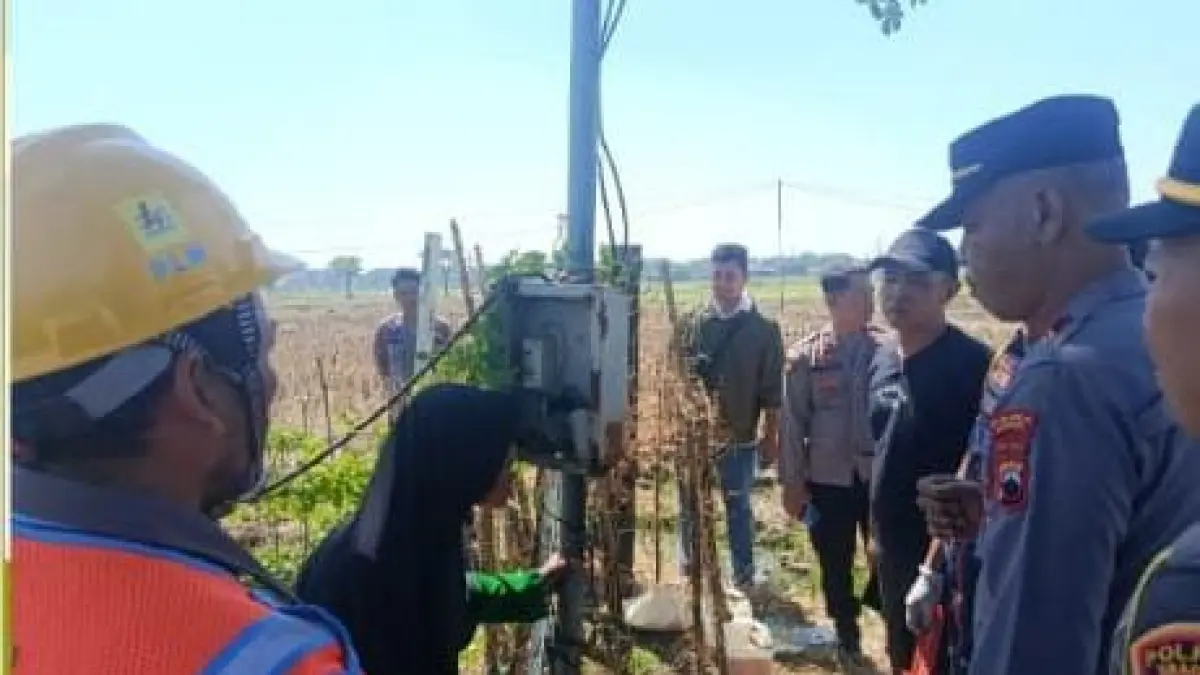  Polisi olah TKP petani yang meninggal akibat tersetrum tiang kabel sumur&nbsp;submersible (sibel) atau pompa air pengairan sawah di Sragen. (DOK.POLRES SRAGEN)