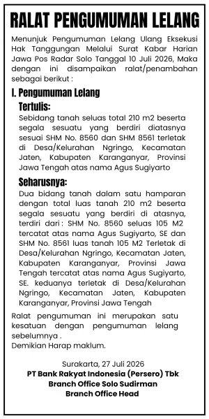 RALAT PENGUMUMAN LELANG BRI ATAS NAMA AGUS SUGIYARTO