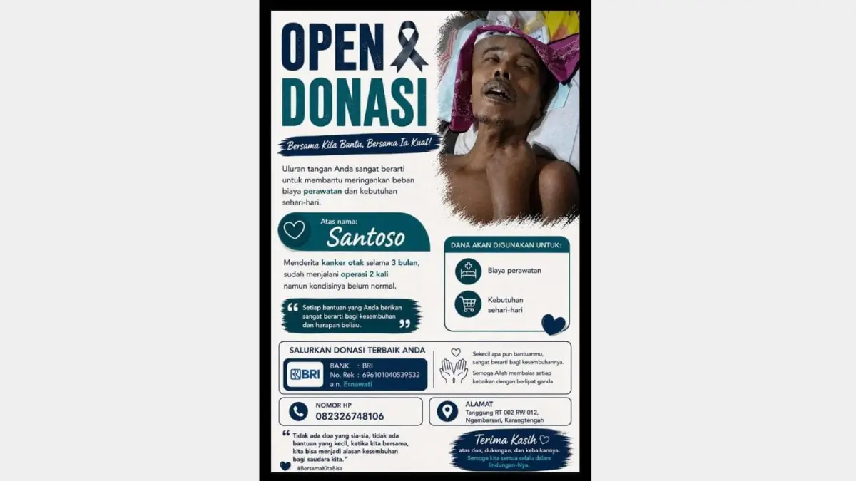 Santoso, warga Dusun Tanggung, Desa Ngambarsari, Kecamatan Karangtengah, Kabupaten Wonogiri, tengah berjuang melawan penyakit kanker otak stadium lanjut. (ISTIMEWA)