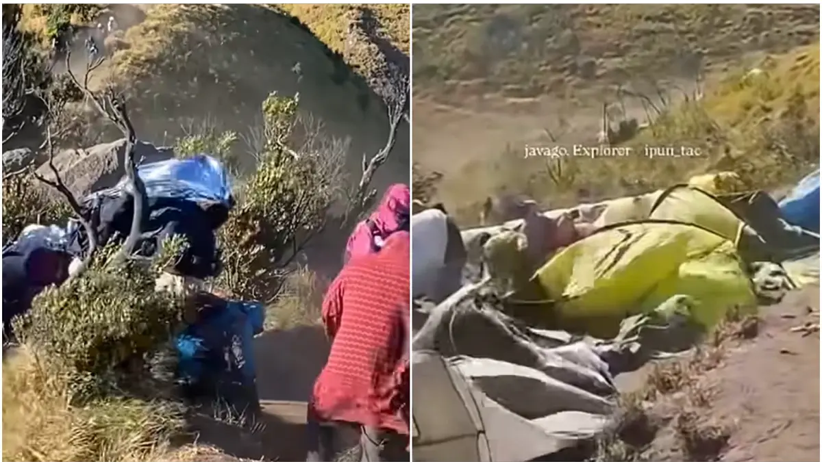 Tenda pendaki di Gunung Merbabu via Jalur Thekelan porak-poranda diterjang badai, Minggu (26/7/2026). (Dok Javago.Explorer)
