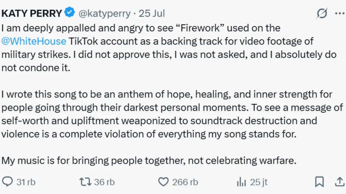 Unggahan Katy Perry pada Akun X Pribadinya. (X: katyperry)