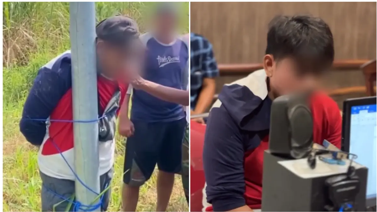 MJ, 26, warga Desa Pokak, Kecamatan Ceper, Klaten diinterogasi warga karena tertangkap basah curi motor. Foto kanan, saat diperiksa di Mapolres Klaten. (TANGKAPAN LAYAR)