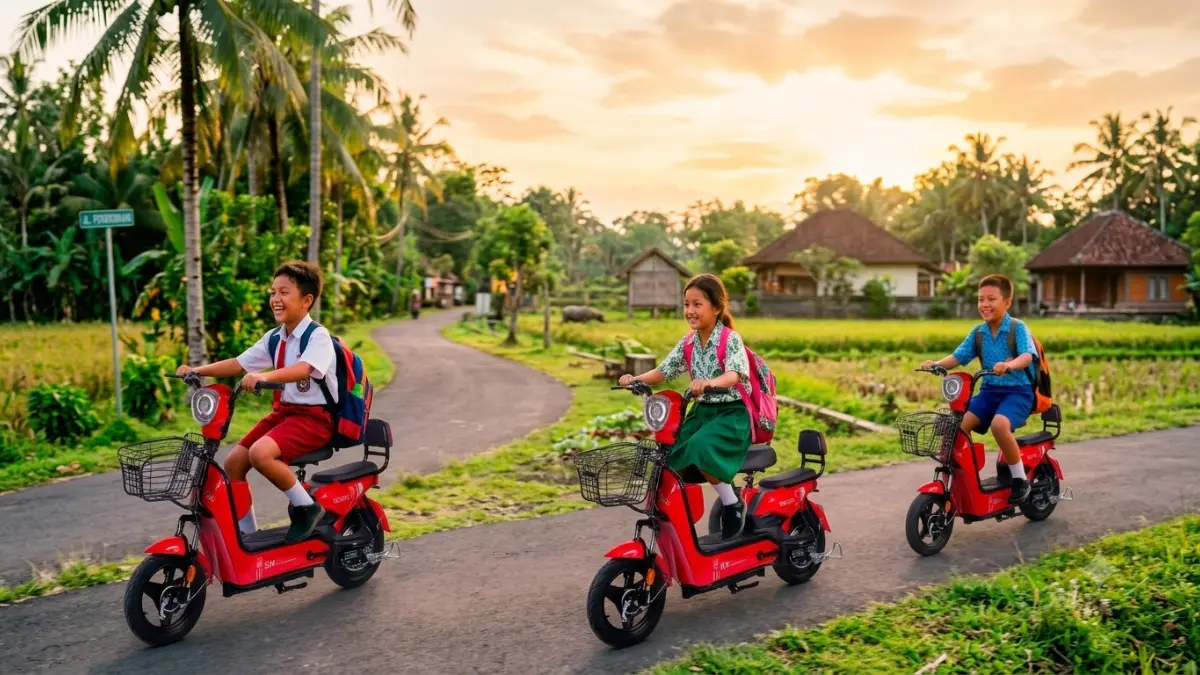 Anak-anak SD Ramai Menggunakan Sepeda Listrik. (AI Generated)