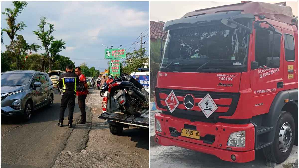 Sepeda motor dan truk tangki yang terlibat kecelakaan di Jalan Raya Wonogiri–Ngadirojo, Jumat (31/7/2026). (DOK.POLRES WONOGIRI)