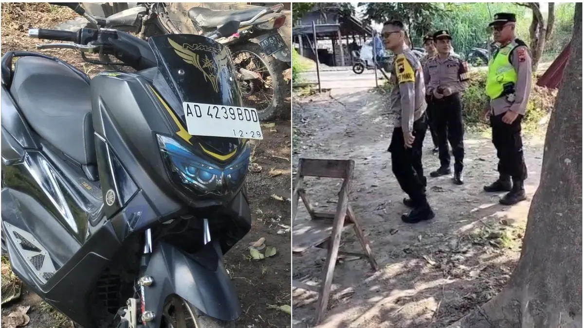 Sepeda motor milik Siswanto, Kadus Bayan, Desa Doplang, Kecamatan Teras hilang dicuri. Foto kanan, polisi saat olah TKP. (DOK.POLSEK TERAS)