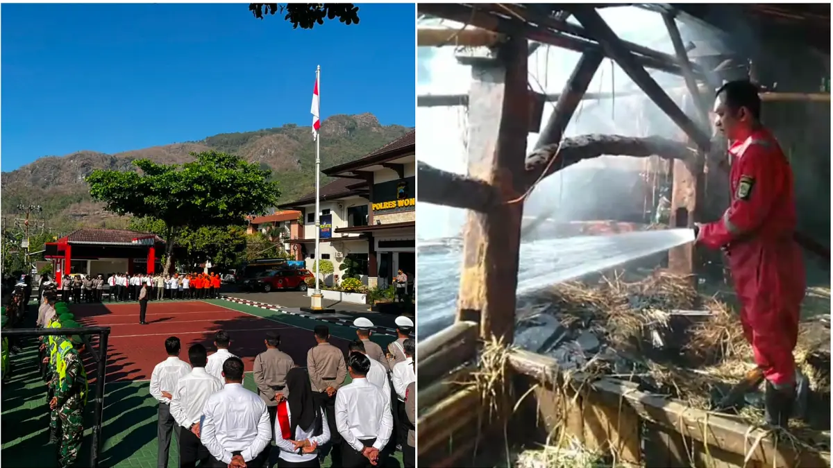 Personel Damkar Wonogiri saat ikuti apel gelar pasukan kesiapsiagaan pencegahan dan penanganan karhutla di Mapolres Wonogiri, Rabu (5/8/2026). Foto kanan, personel Damkar Wonogiri keluar dari barisan apel untuk padamkan kebakaran kandang ternak di Ngadirojo, Wonogiri.