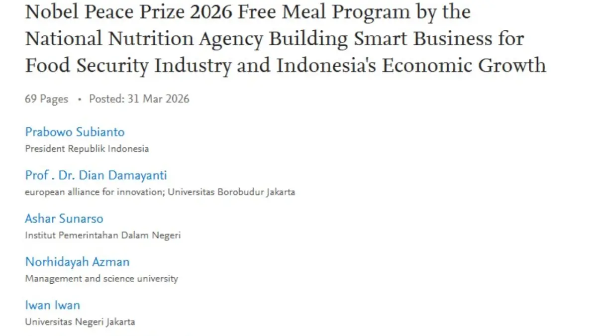 Makalah ilmiah ajukan MBG untuk Nobel Perdamaian 2026, yang ada nama Presiden Prabowo Subianto sebagai penulis. 