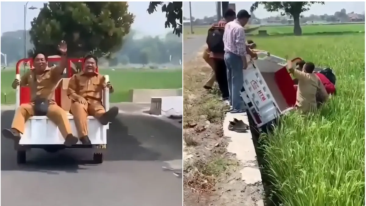 Tangkapan layar video motor roda tiga KDMP Desa Jetis, Juwiring, sebelum dan sesudah terperosok ke sawah. (ISTIMEWA)