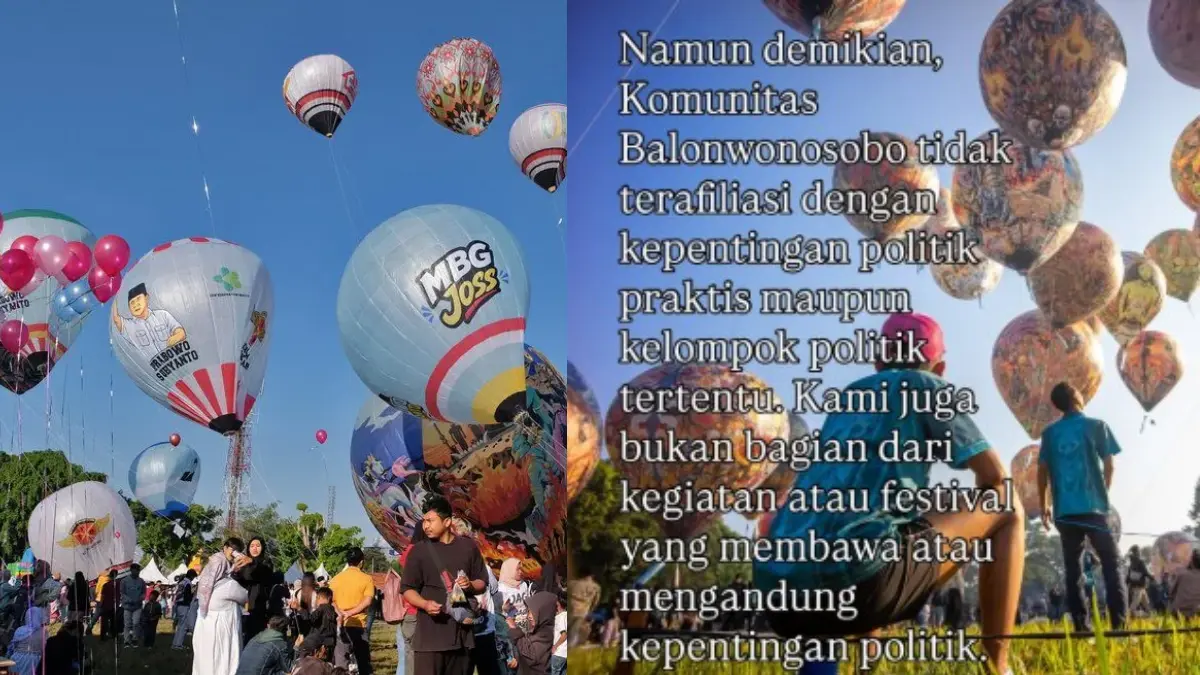Balon udara bergambar Prabowo dan MBG diterbangkan relawan GMPP (foto kiri). Klarifikasi Komunitas Balonwonosobo (foto kanan). (ANTARA/Anis Efizudin, @balonwonosobo)
