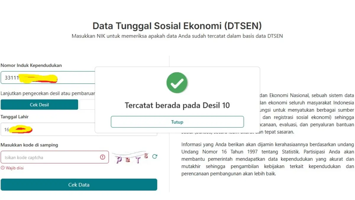 Cek di dtsen-form.bps.go.id masuk Desil 10.