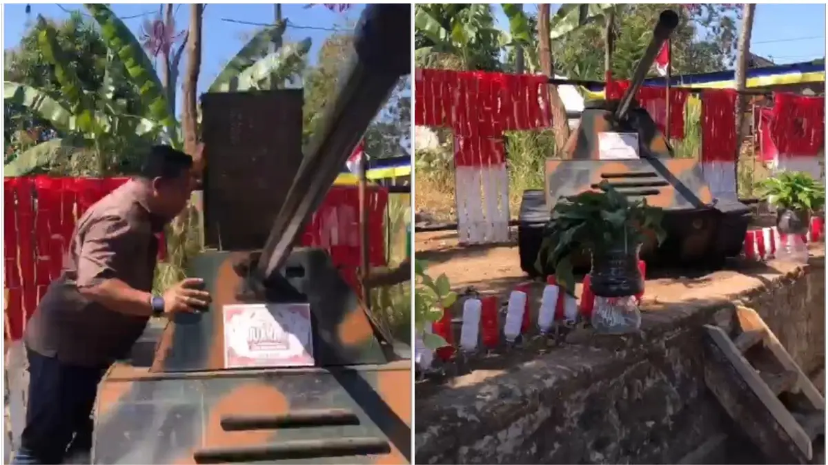 Warga RW 03 Kelurahan Banaran, Kecamatan Boyolali menyulap beragam barang bekas menjadi karya seni. Salah satunya jadi miniatur kendaraan lapis baja. (ABDUL KHOFID/RADAR SOLO)