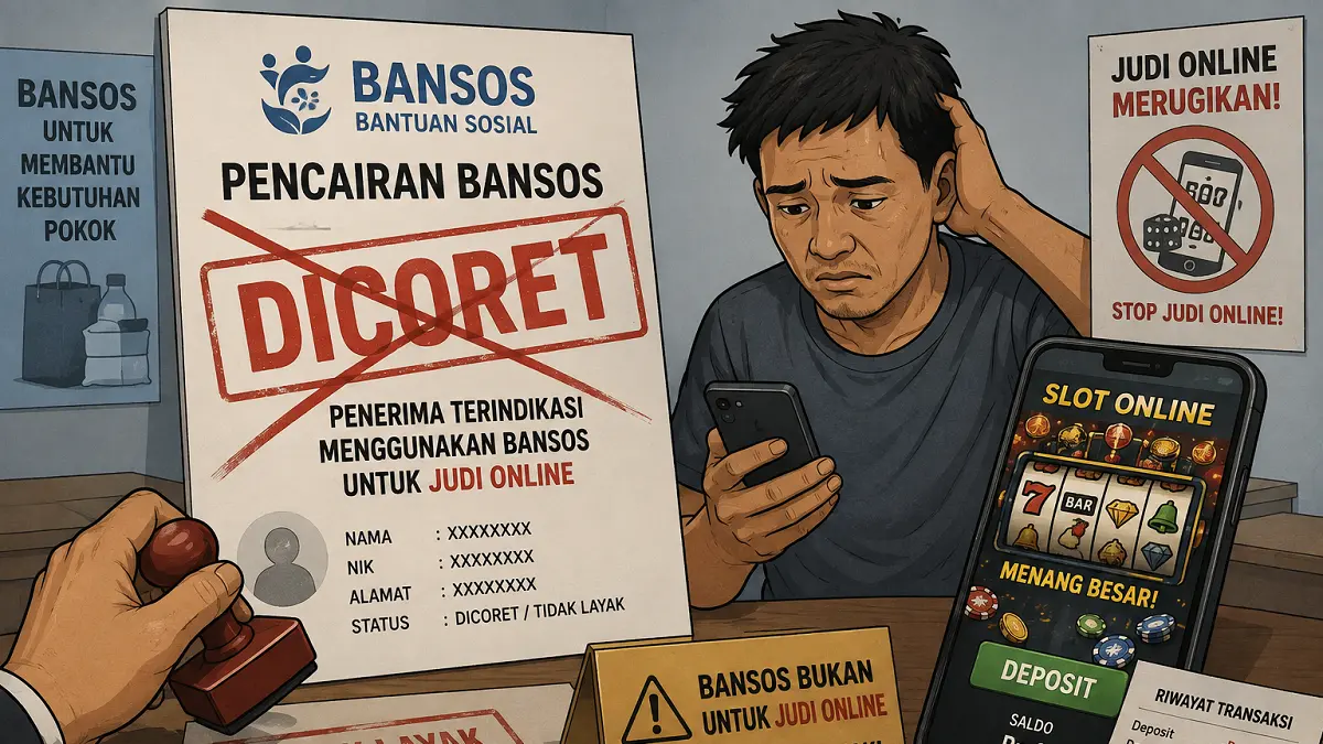 Ilustrasi rekening penerima bansos terindikasi judi online lalu dicoret. (AI GENERATED/CHAT GPT)