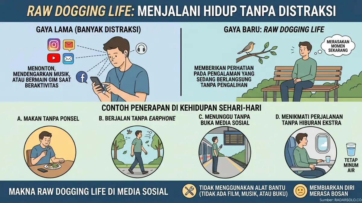 Raw Dogging Life Merupakan Kebiasaan Sederhana Seperti Makan Tanpa Membuka Ponsel, Naik Kendaraan Tanpa Earphone, Atau Duduk Menunggu Tanpa Melakukan Apapun. (AI Generated)