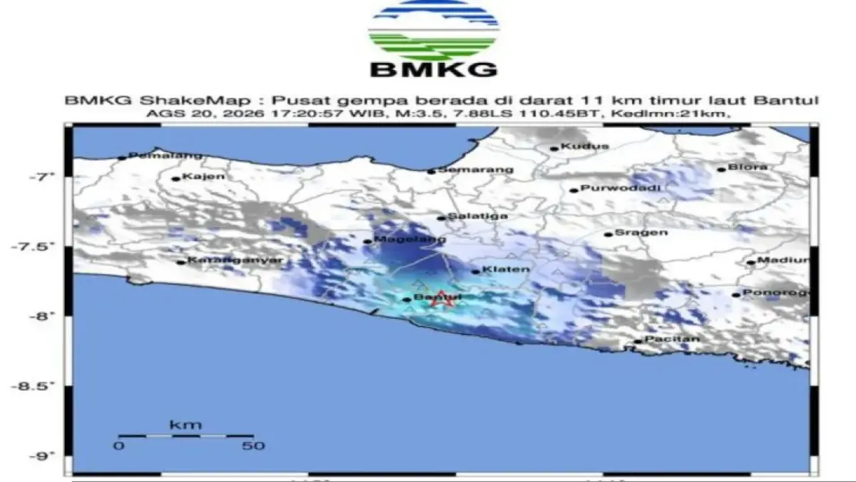 Gempa bumi tektonik dengan magnitudo 3,5 mengguncang wilayah Kabupaten Bantul, DIY pada Kamis (20/8/2026) pukul 17.20 WIB. (ANTARA/Stageof BMKG Yogyakarta)