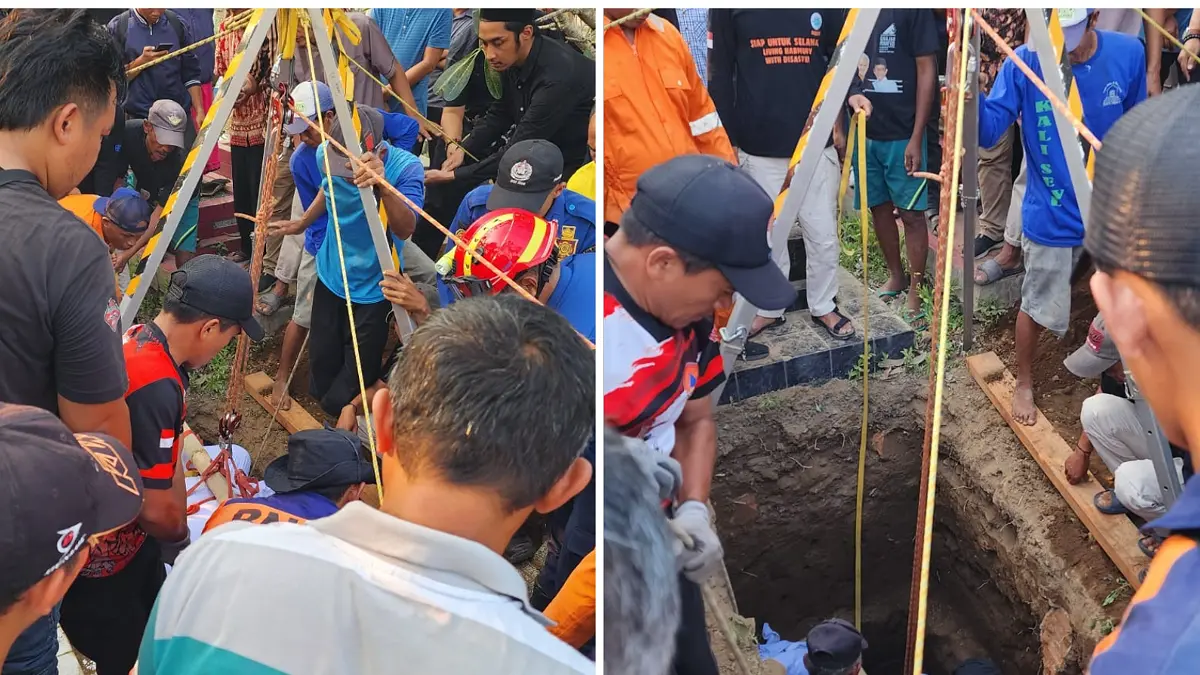 Pemakaman warga di Makam Cepek, Suyudan, Desa Kiringan, Kecamatan Boyolali menggunakan alat vertical rescue, Kamis (20/8/2026) sore. (DOK.DAMKAR BOYOLALI) 