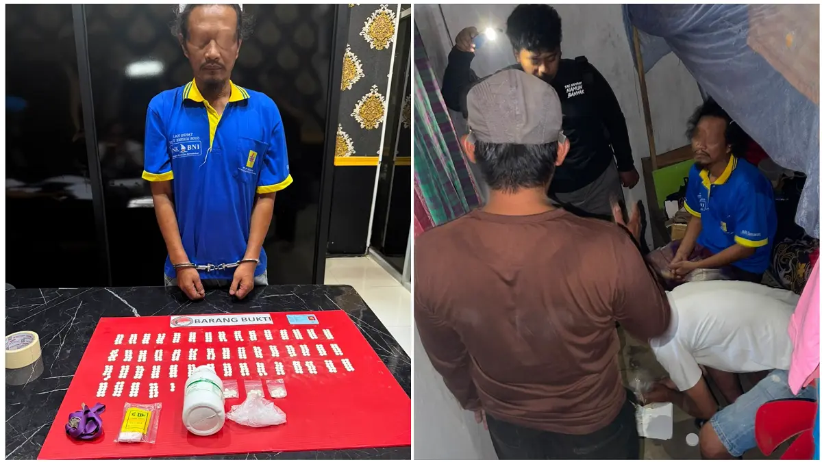 Tersangka NAL, warga Kecamatan Karanggede, Kabupaten Boyolali bersama barang bukti obat keras. Foto kanan, saat diringkus di rumahnya, Selasa (18/8/2026). (DOK.POLRES BOYOLALI)