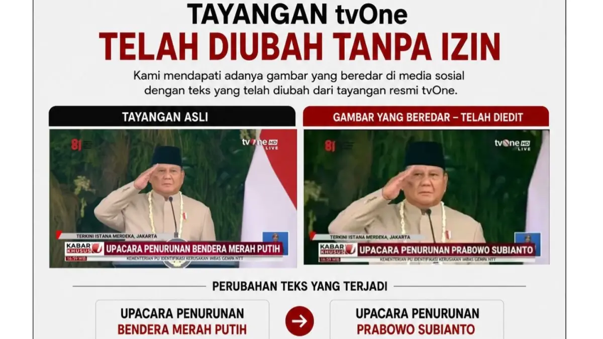Viral tangkapan layar tayangan tvOne yang diedit tanpa izin. (Instagram tvOne)