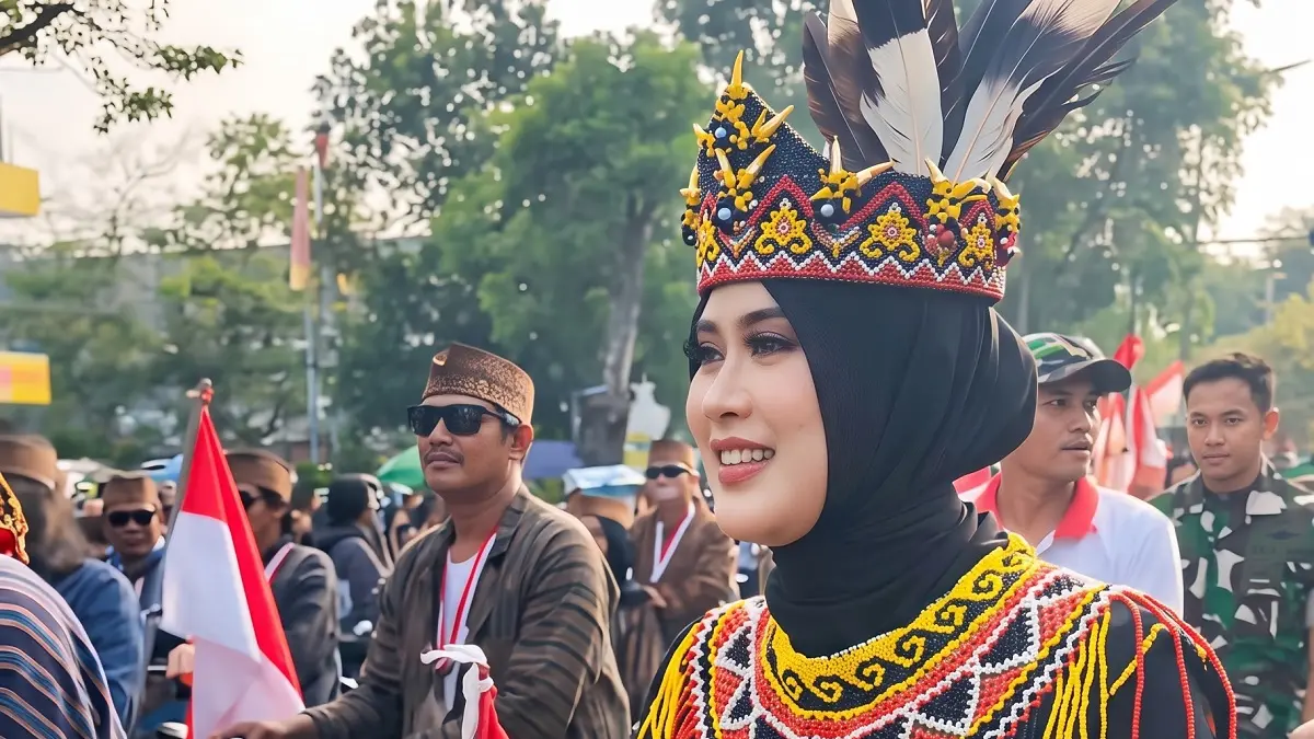 Wakil Wali Kota Solo Astrid Widayani pakai busana adat Dayak di Pawai Pembangunan 2026, Jumat (21/8/2026). (Arief Budiman/Radar Solo)