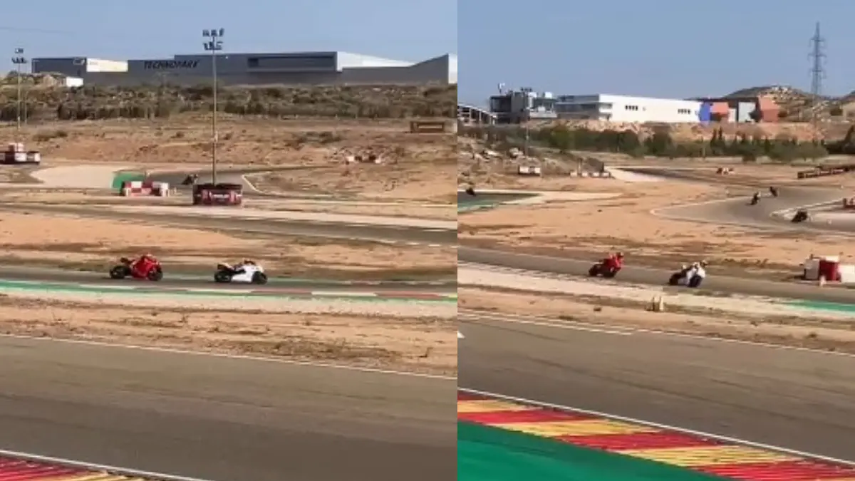 Momen Marc Marquez buntuti Vega Ega Pratama saat sesi latihan. (Instagram @honda_team_asia)

