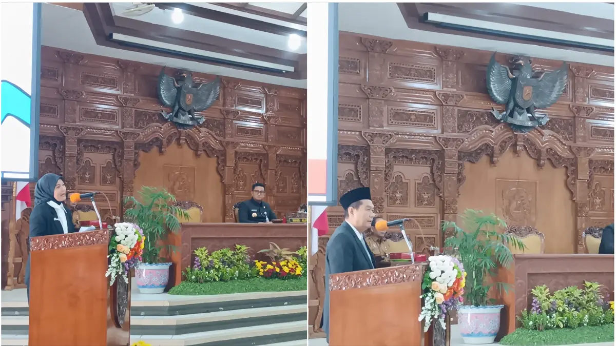 Cawabup Klaten nomor urut 1 Mahanni Yulindha Pratiwi dan Cawabup Klaten nomor 2 Sriyunanto (foto kanan) saat penyampaian Visi dan Misi Bupati Klaten dalam rapat paripurna DPRD Klaten pada Senin (24/8/2026). (Angga Purenda/Radar Solo)