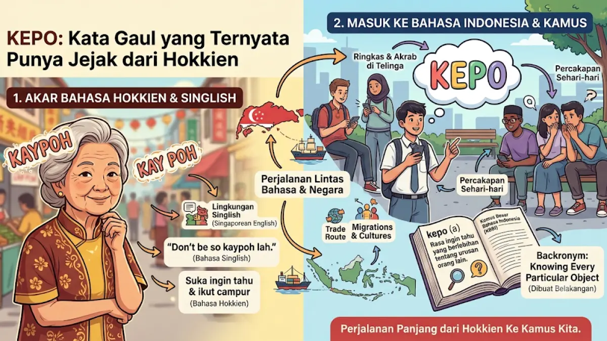 Asal-usul kata kepo berakar dari istilah Hokkien (kaypoh) dalam Singlish, bukan singkatan bahasa Inggris Knowing Every Particular Object. 