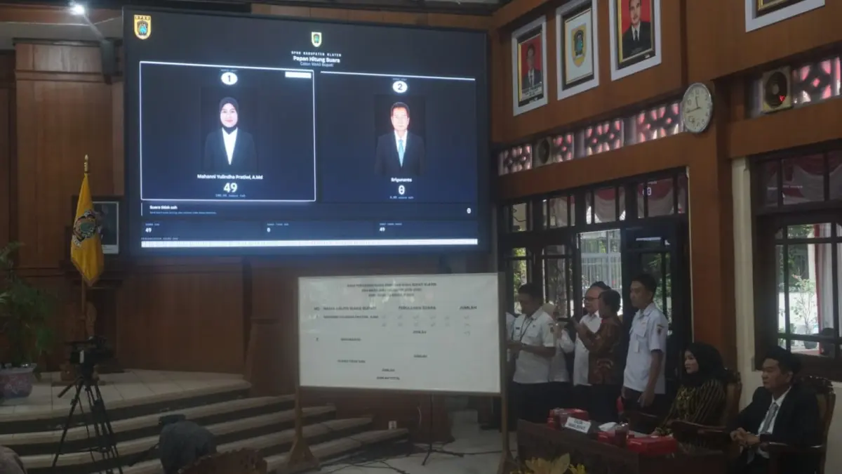 Perolehan suara kedua cawabup dalam rapat paripurna dengan agenda pemungutan dan penghitungan suara pemilihan Wakil Bupati Klaten Siasa Masa Jabatan Tahun 2025-2030, Rabu (26/8/2026). (Angga Purenda/Radar Solo)