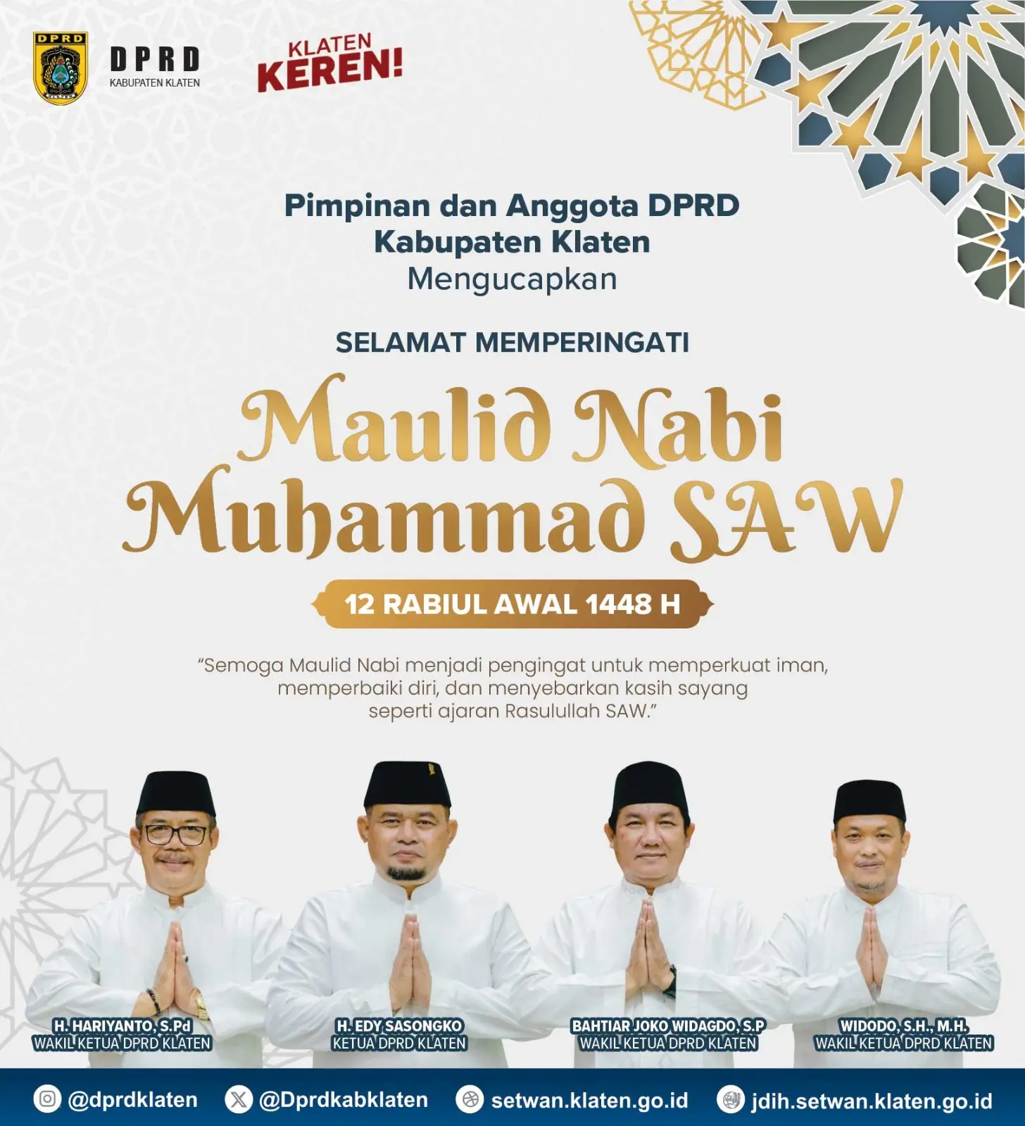 Pimpinan dan Anggota DPRD Klaten mengucapkan selamat memperingati Maulid Nabi Muhammad SAW. (DOK.DPRD KLATEN)