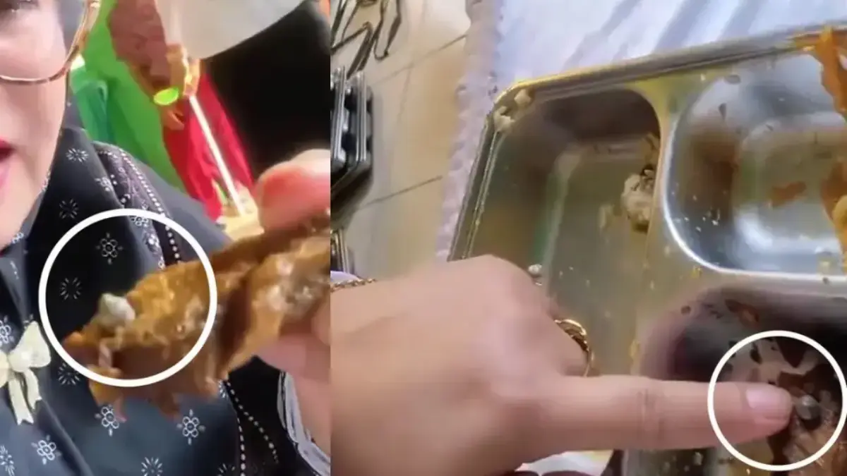 Guru menunjukkan peluru yang "nyasar" ke menu daging MBG di SDN 3 Sindangsari, Kotabumi, Lampung Utara.