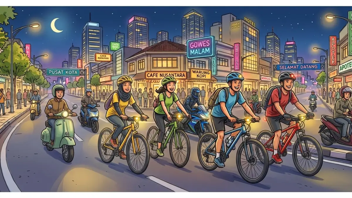 ilustrasi pengendara sepeda tengah melintasi jalanan di pusat kota