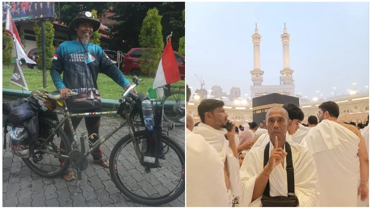 Mbah Pur saat memulai perjalannnya dari pelataran halaman Gedung Paripurna DPRD Klaten ke Tanah Suci, 22 Mei 2026. Foto kanan, tiba di Tanah Suci untuk mengikuti prosesi haji. (ANGGA PURENDA/RADAR SOLO-DOKUMEN PRIBADI)