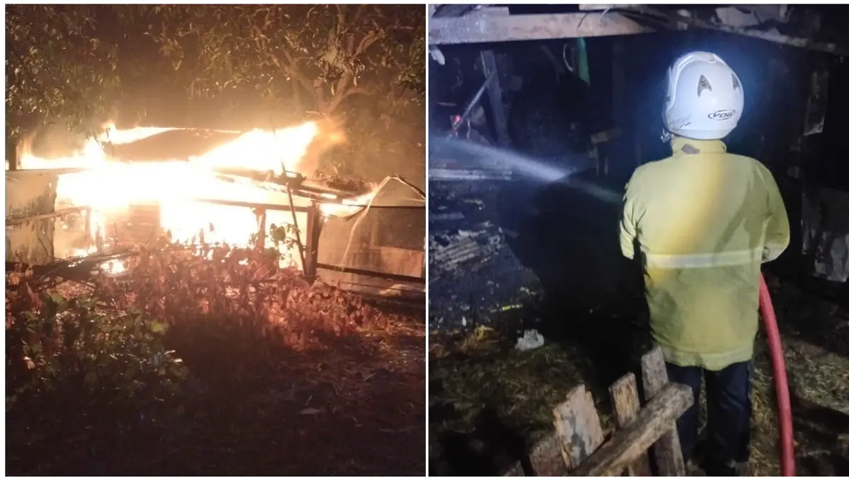 Damkar Wonogiri jinakkan api yang membakar kandang kambing di Lingkungan Bulusari RT 02 RW 03, Bulusulur, Wonogiri, Kamis (3/9/2026). (DOK.DAMKAR BOYOLALI) 