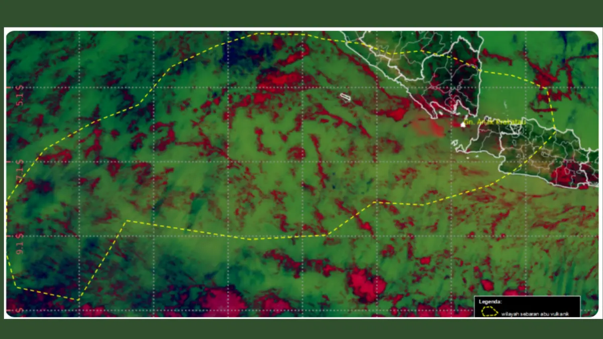Garis putus-putus berwarna kuning menunjukkan wilayah yang terdampak abu vulkanik Gunung Anak Krakatau. (DOK.BMKG)