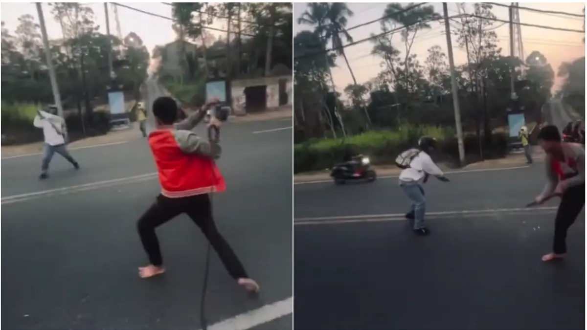 Tangkapan layar dua oknum pelajar tawuran di Jalan Raya Boyolali–Semarang, tepatnya di wilayah Kecamatan Ampel. (ISTIMEWA)