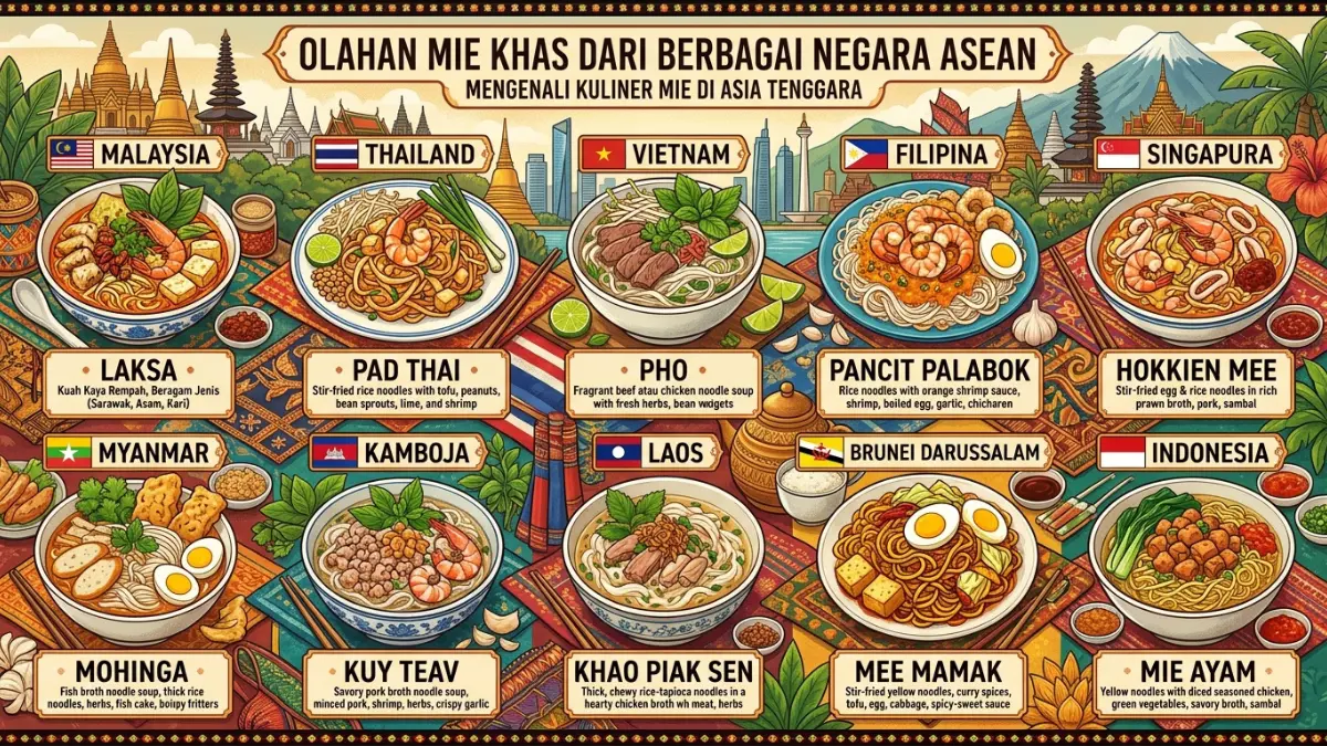 Berbagai Olahan Berbahan Dasar Mie Khas dari Masing-masing Negara ASEAN. (AI Generated)